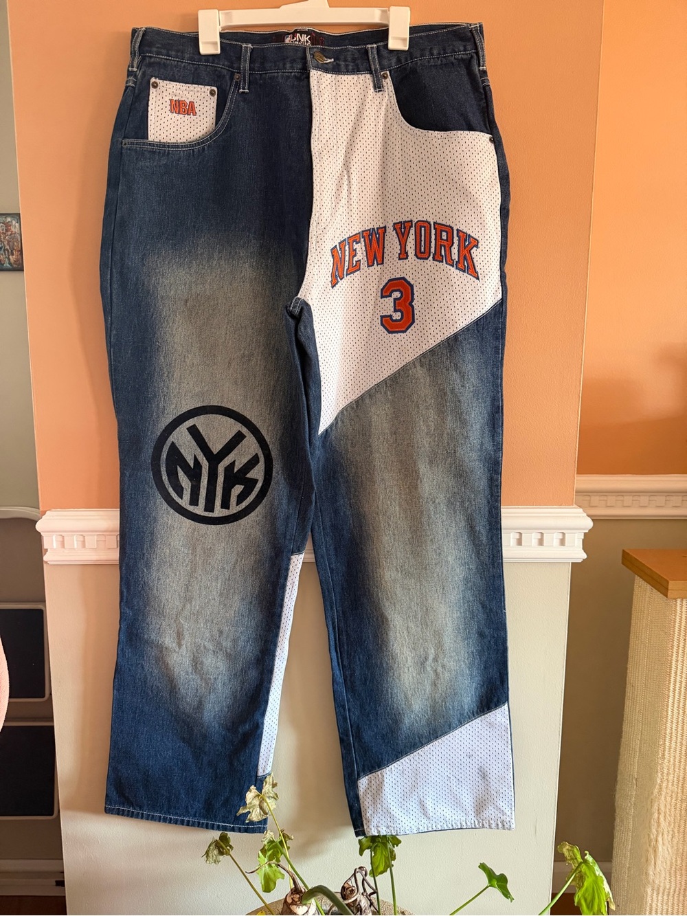 Unk NY Knicks Blue Denim Jeans with White & Orange Jersey Panels